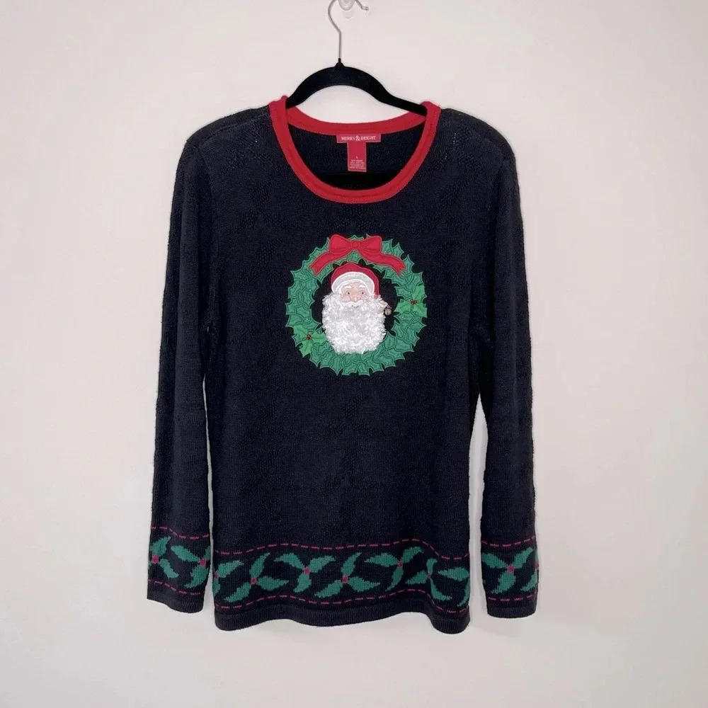 VTG Y2K 80’s Santa Christmas Sweater with Embroidered Wreath 3D Santa and Bell